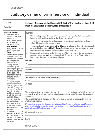 Sample page from the statutory demand form on an individual