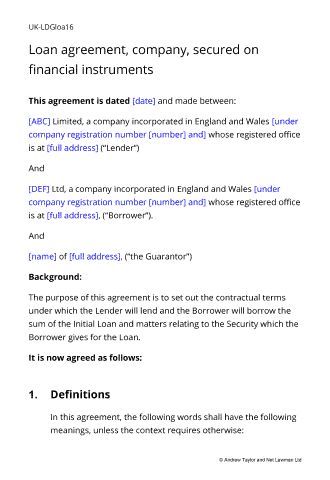 Sample page from the loan agreement secured on company financial instruments
