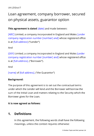 Sample page from the loan agreement secured on company assets