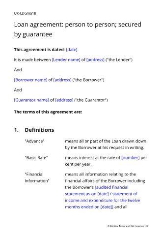 Sample page from the loan agreement secured by guarantee