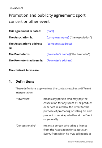 Sample page from the promotion and publicity agreement
