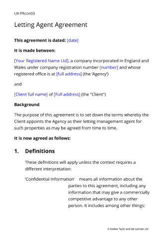 Sample page from the letting agent agreement
