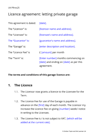 Sample page from the garage licence agreement
