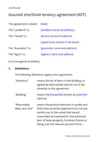 Sample page from the AST agreement for a single room