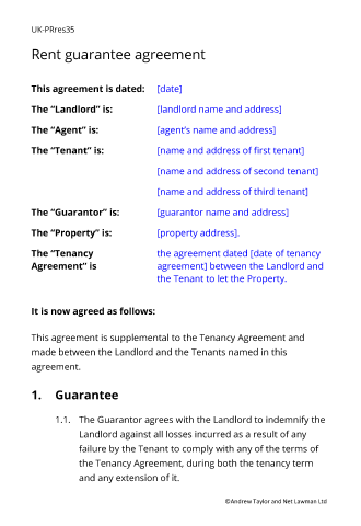 Sample page from the rent guarantee agreement