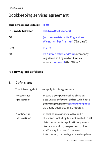 Sample page from the bookkeeping agreement