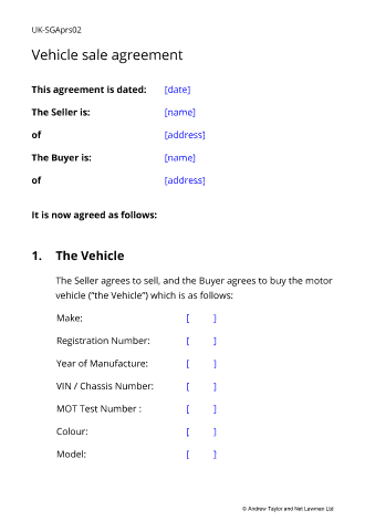 Sample page from the vehicle sale agreement