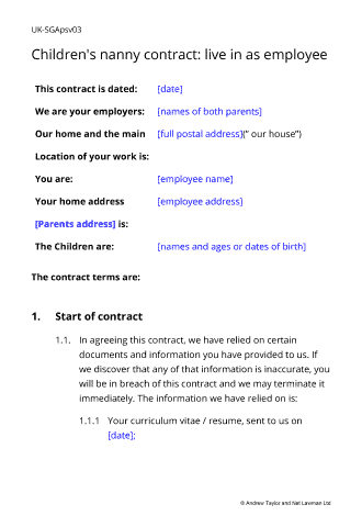 Sample page from the nanny contract
