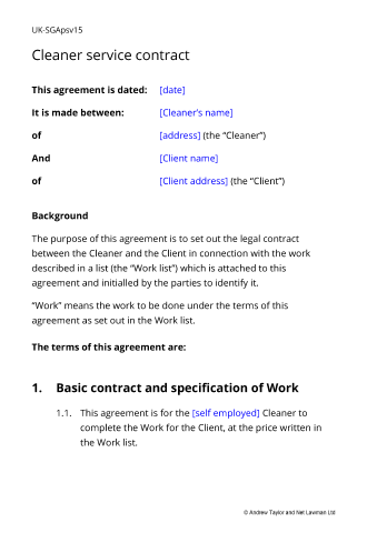 Sample page from the cleaner service contract
