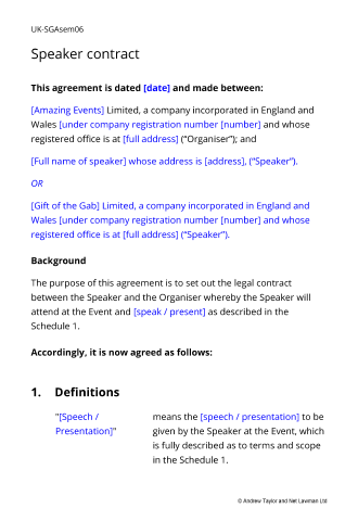 Sample page from the speaker contract