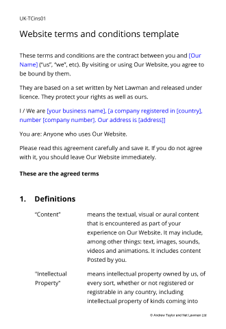 Sample page from the terms for a subscription based community website