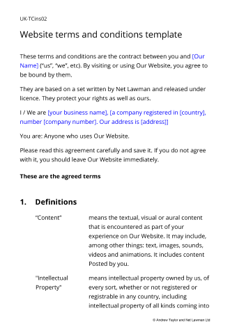 Sample page from the terms for a wiki or news website