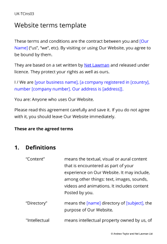 Sample page from the terms for a moderated directory, blog or review website