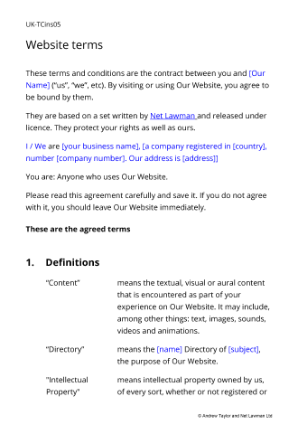 Sample page from the basic directory website terms