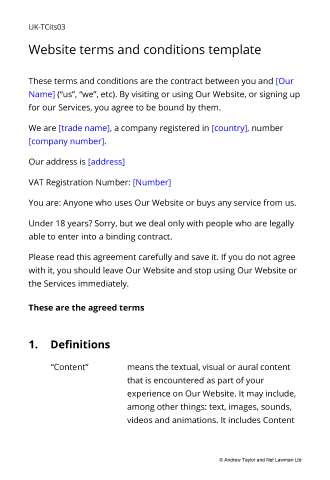 Sample page from the website terms for an on-demand service