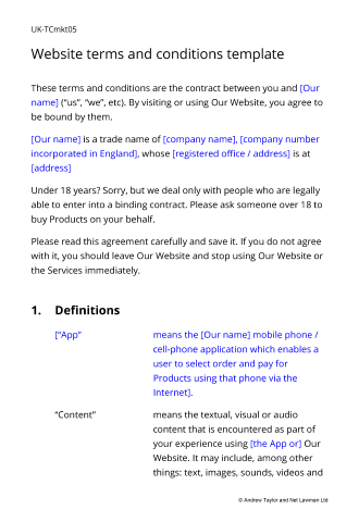 Sample page from the terms for a website marketplace for goods