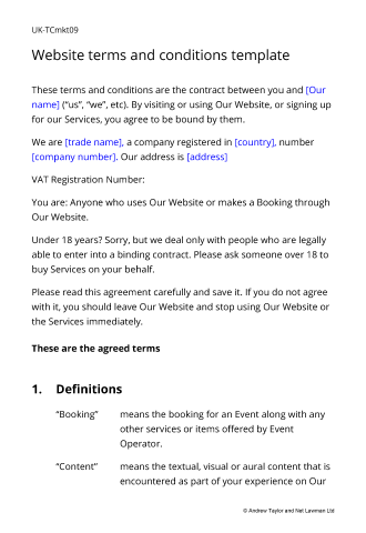 Sample page from the website terms for an events marketplace