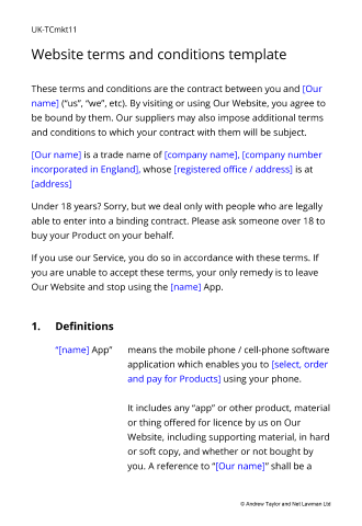Sample page from the buyer terms for a marketplace for goods accessed through a website or app