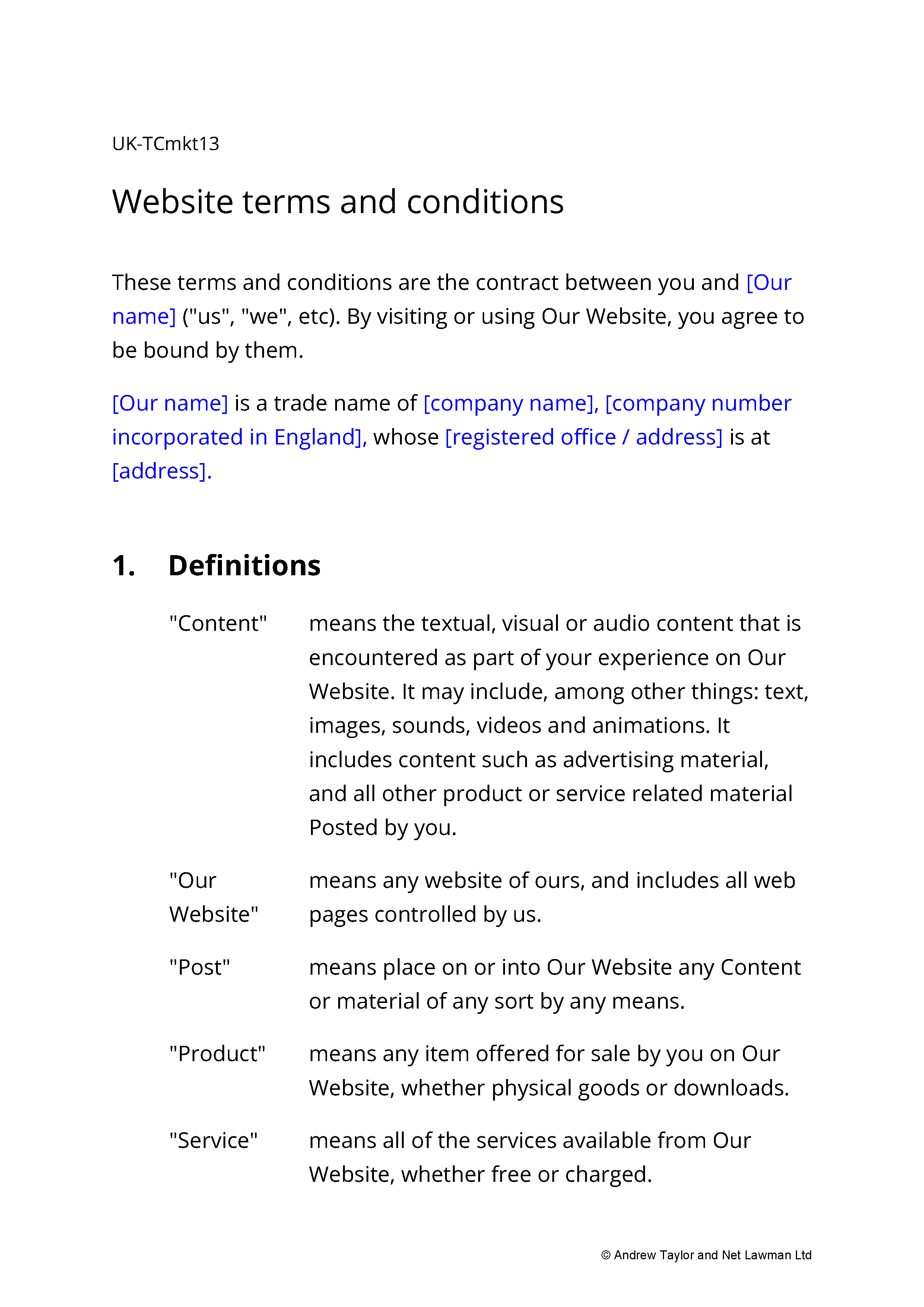 Sample page from the terms for a website B2B marketplace for goods