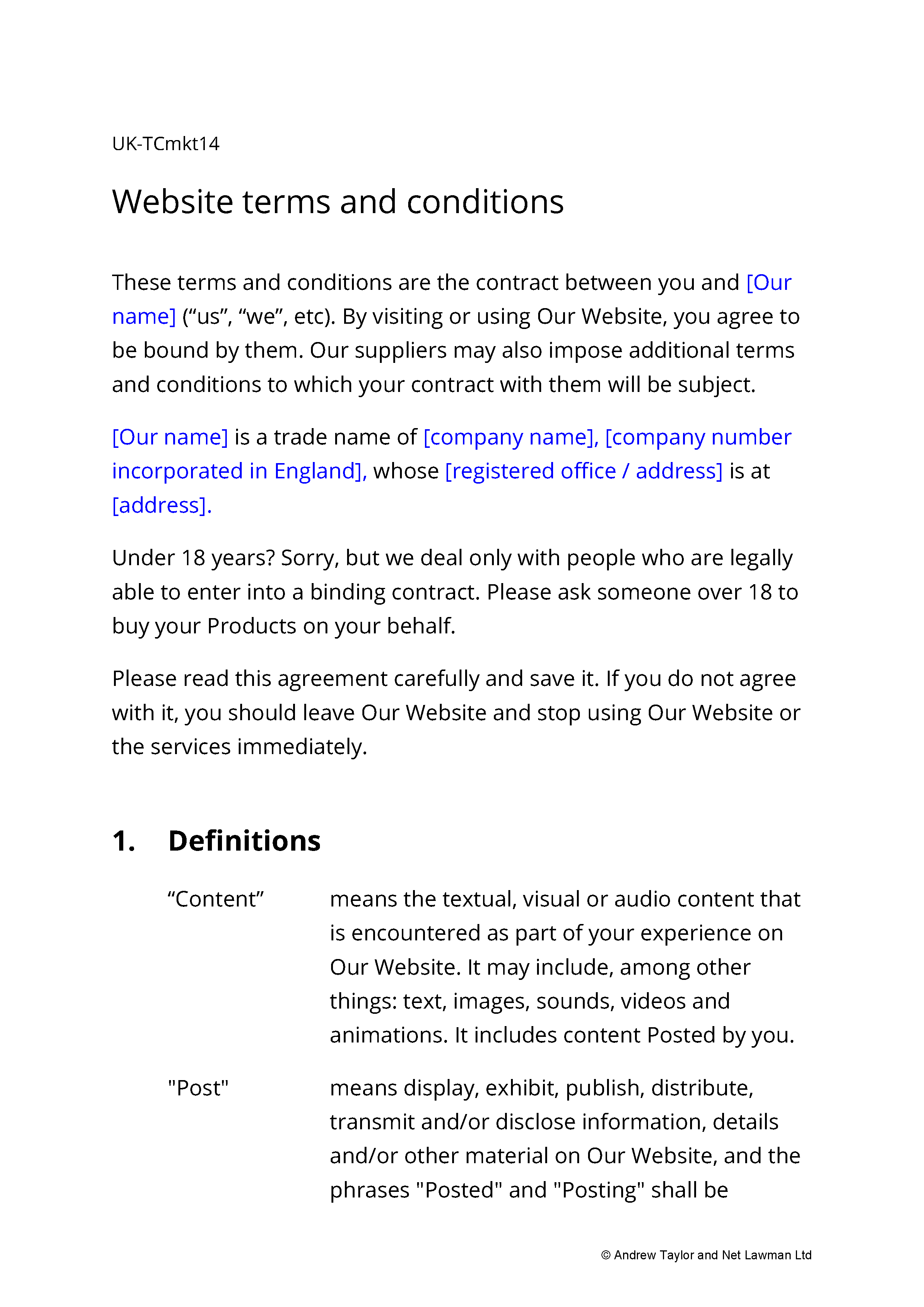 Sample page from the website terms for a marketplace for services