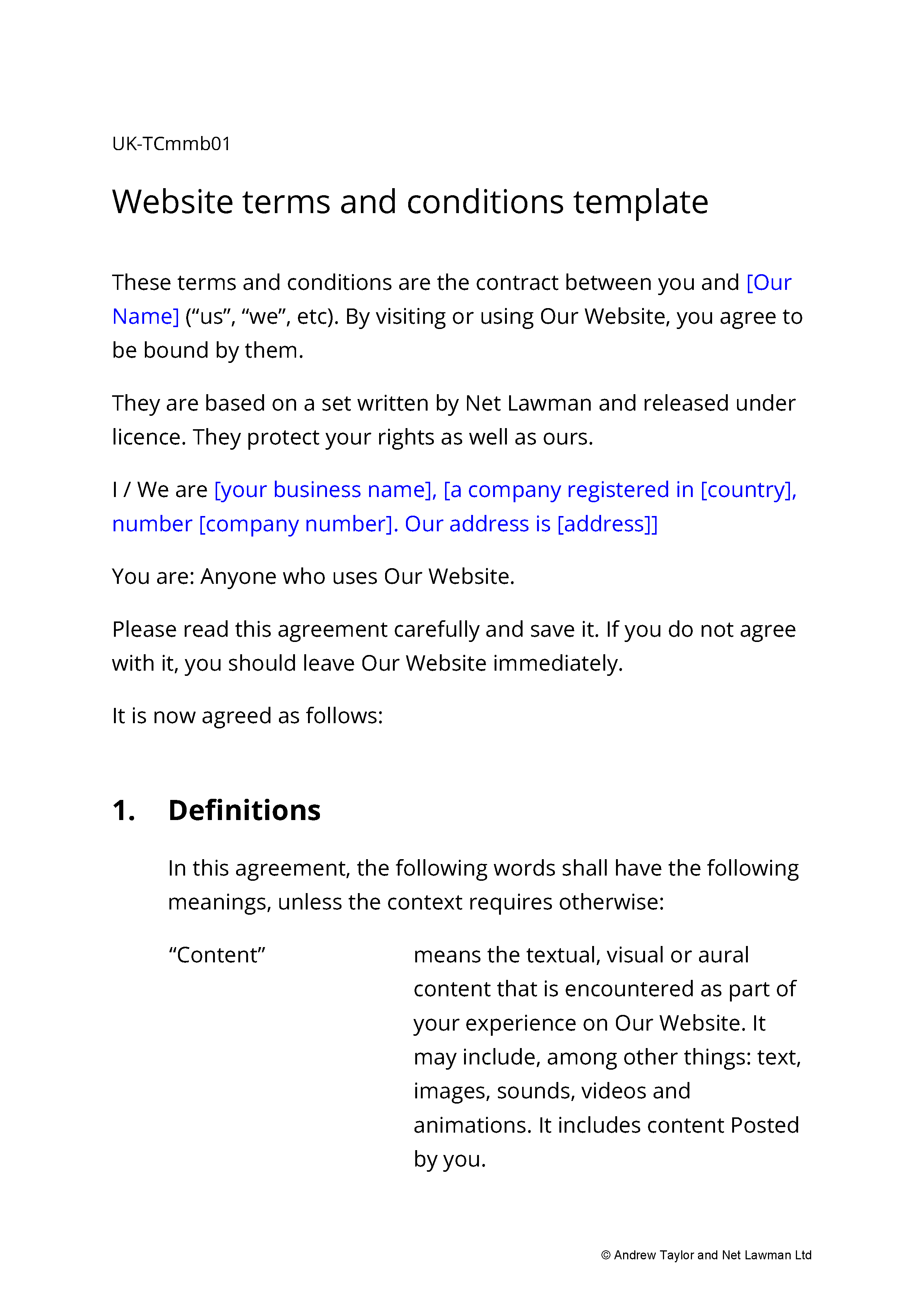 Sample page from the terms for a business member services website
