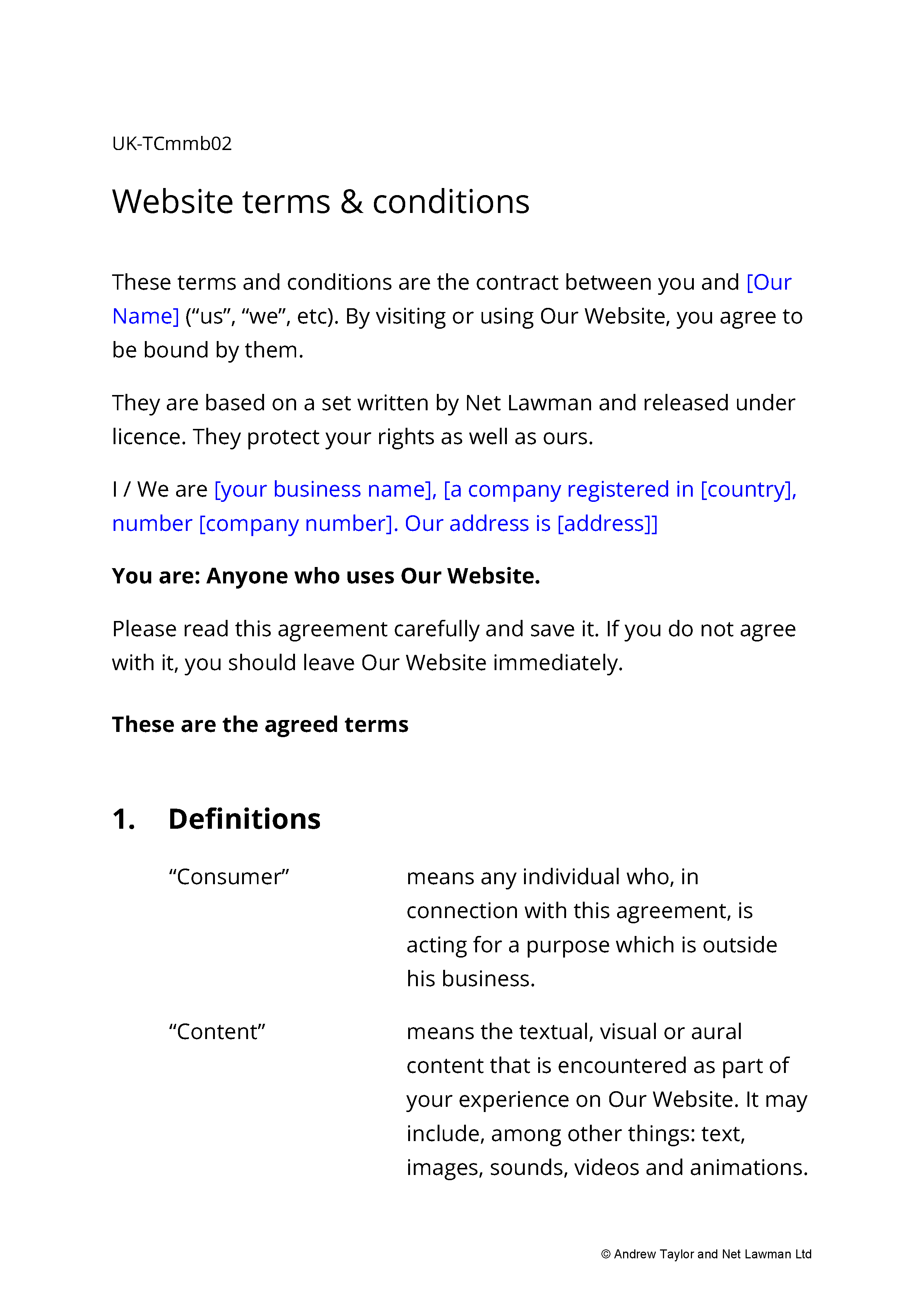 Sample page from the terms for a member services website
