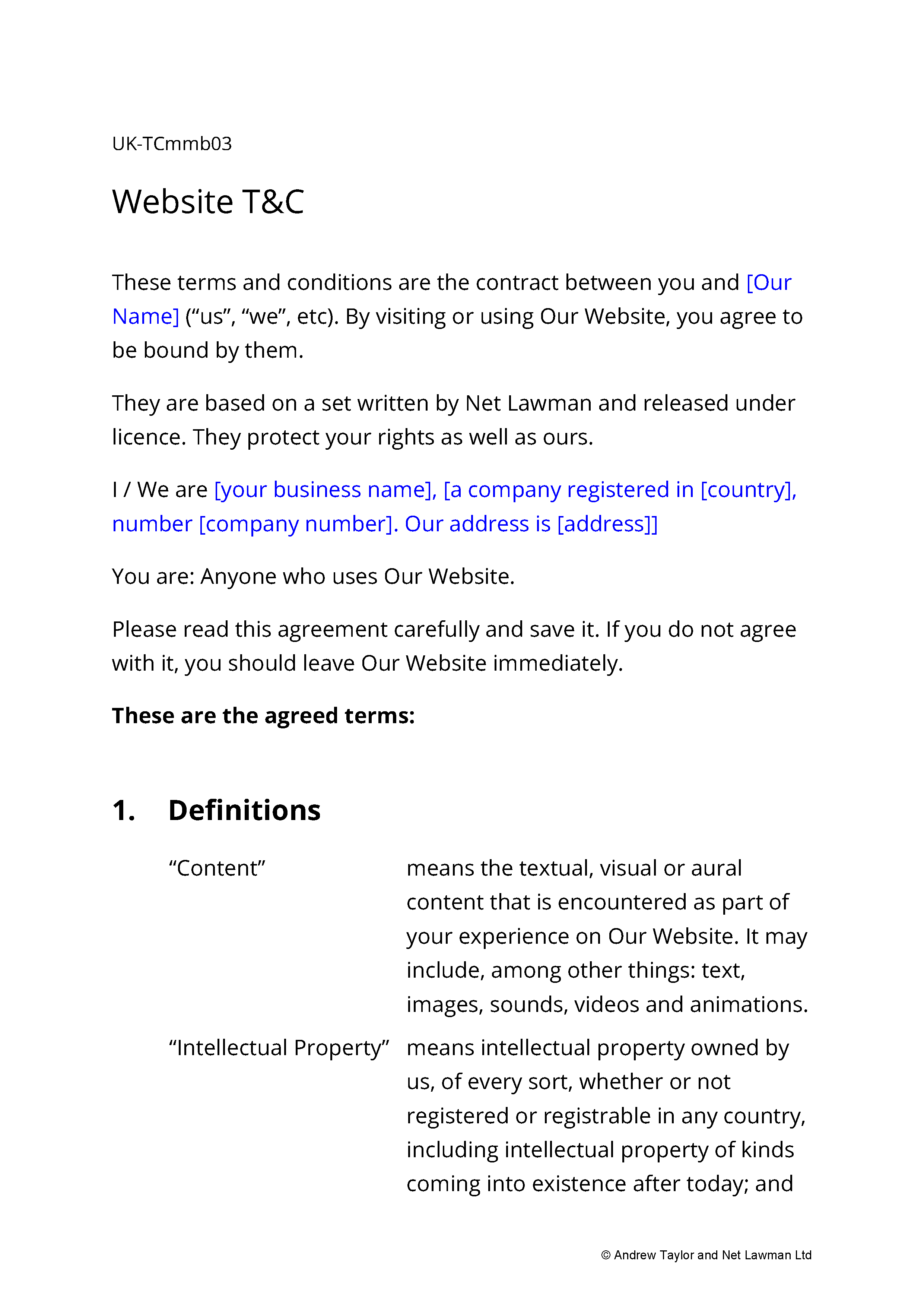Sample page from the website terms for a club