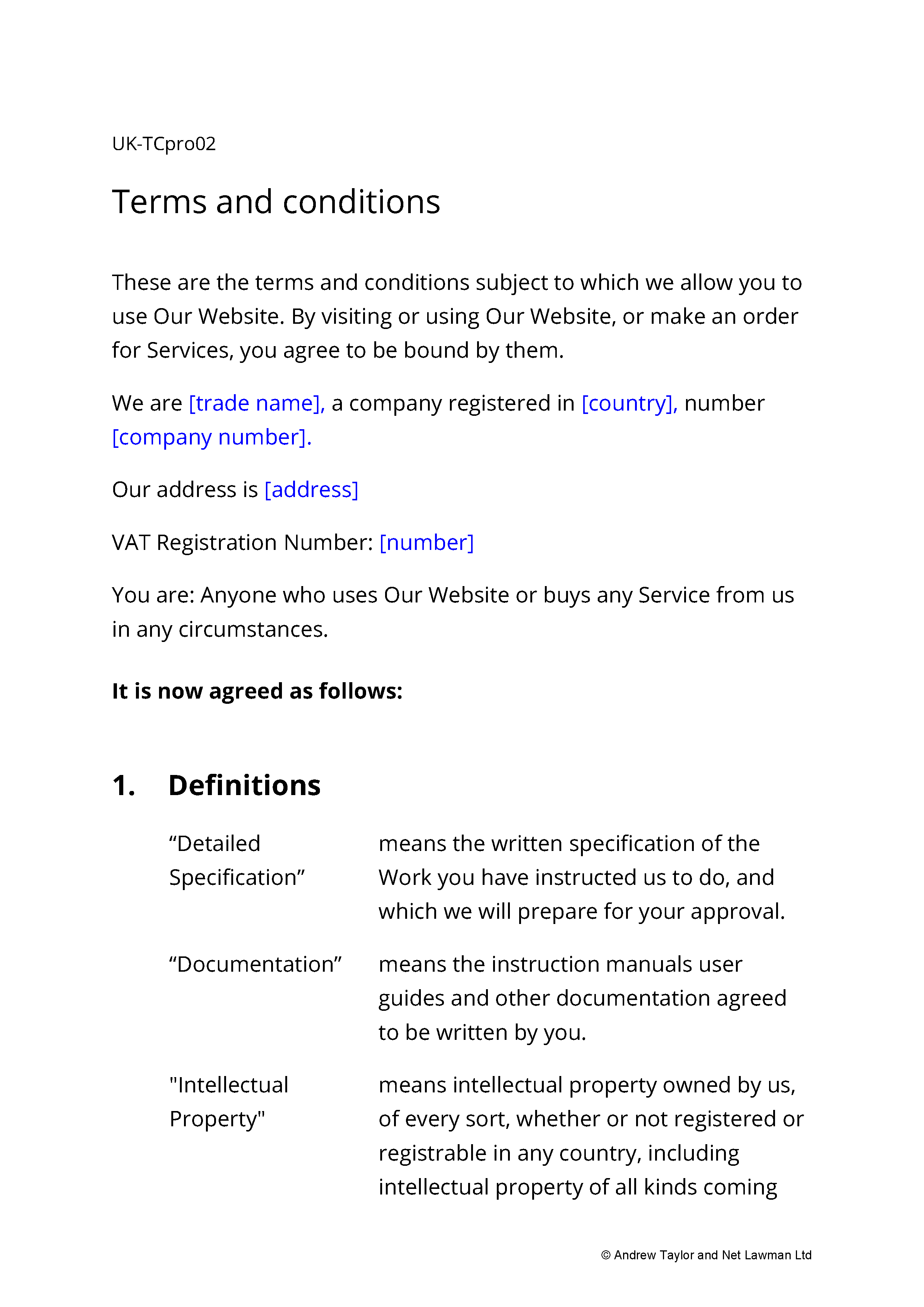 Sample page from the website terms for a consultancy business
