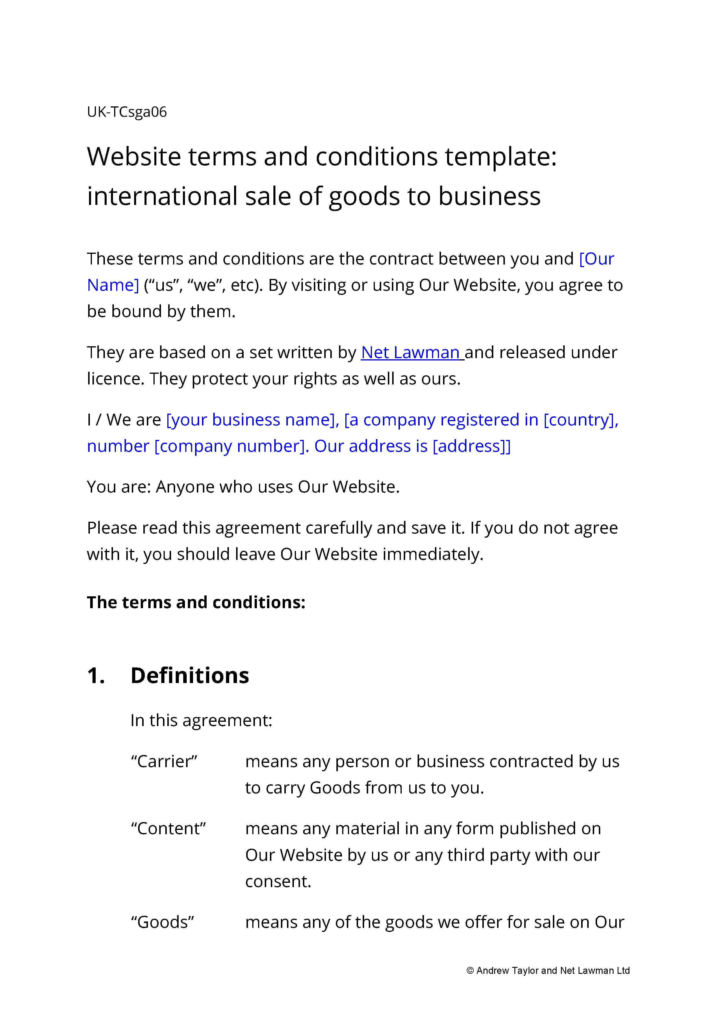Sample page from the website termsfor a B2B retailer