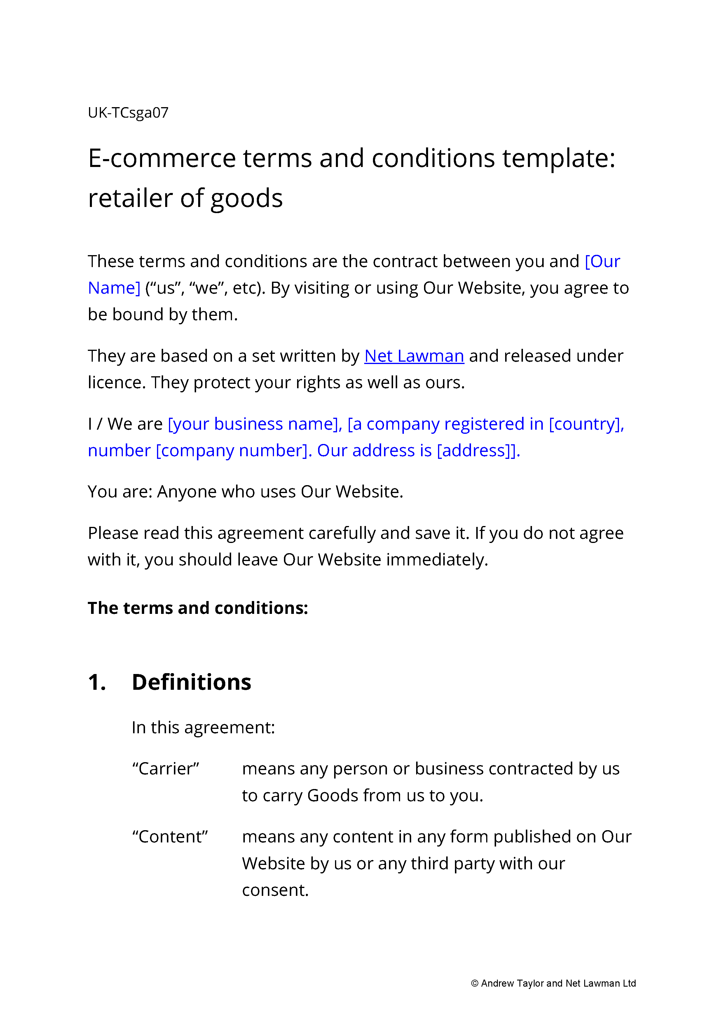 Sample page from the e-commerce website terms
