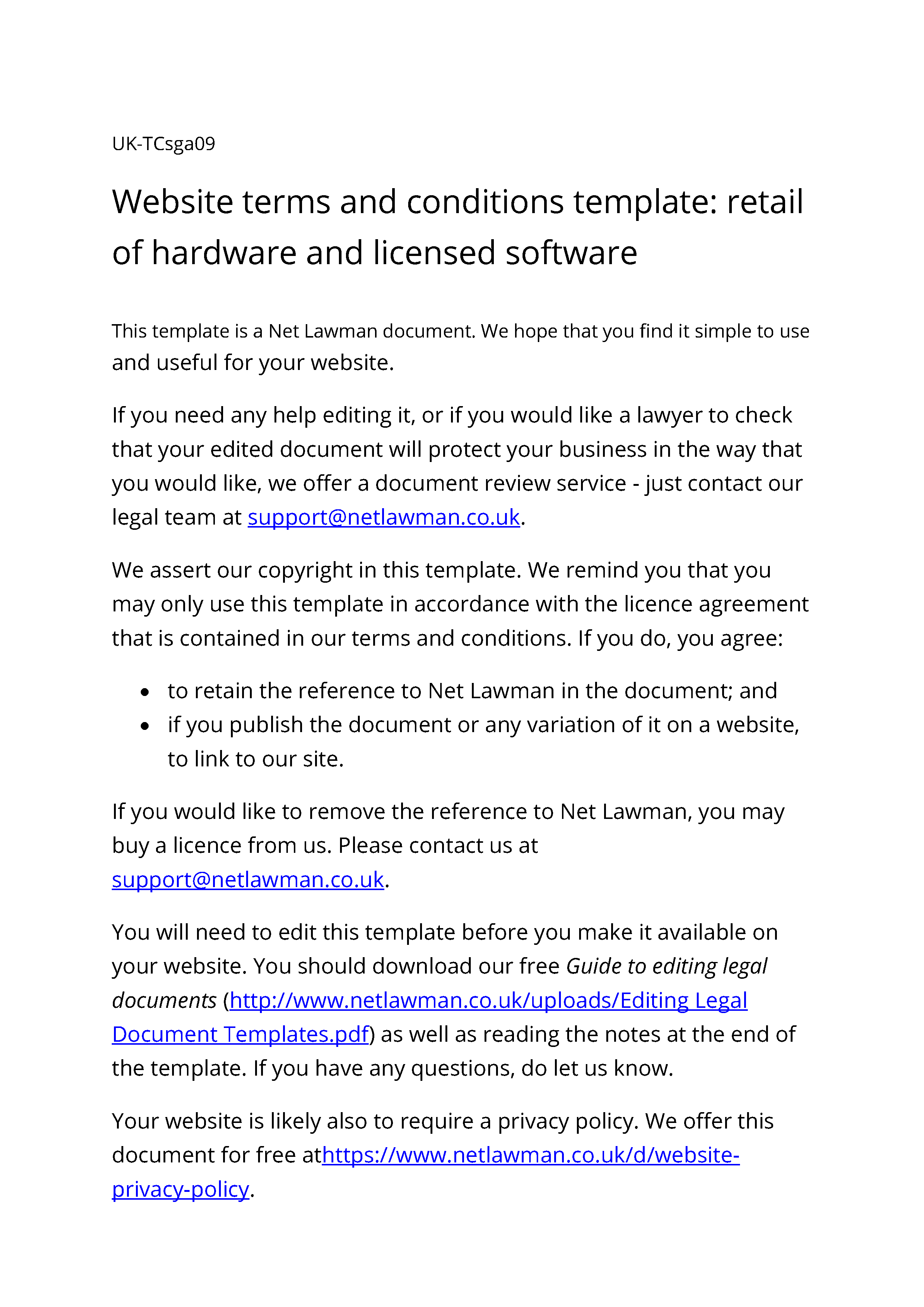 Sample page from the website terms for a hardware and licensed software retailer