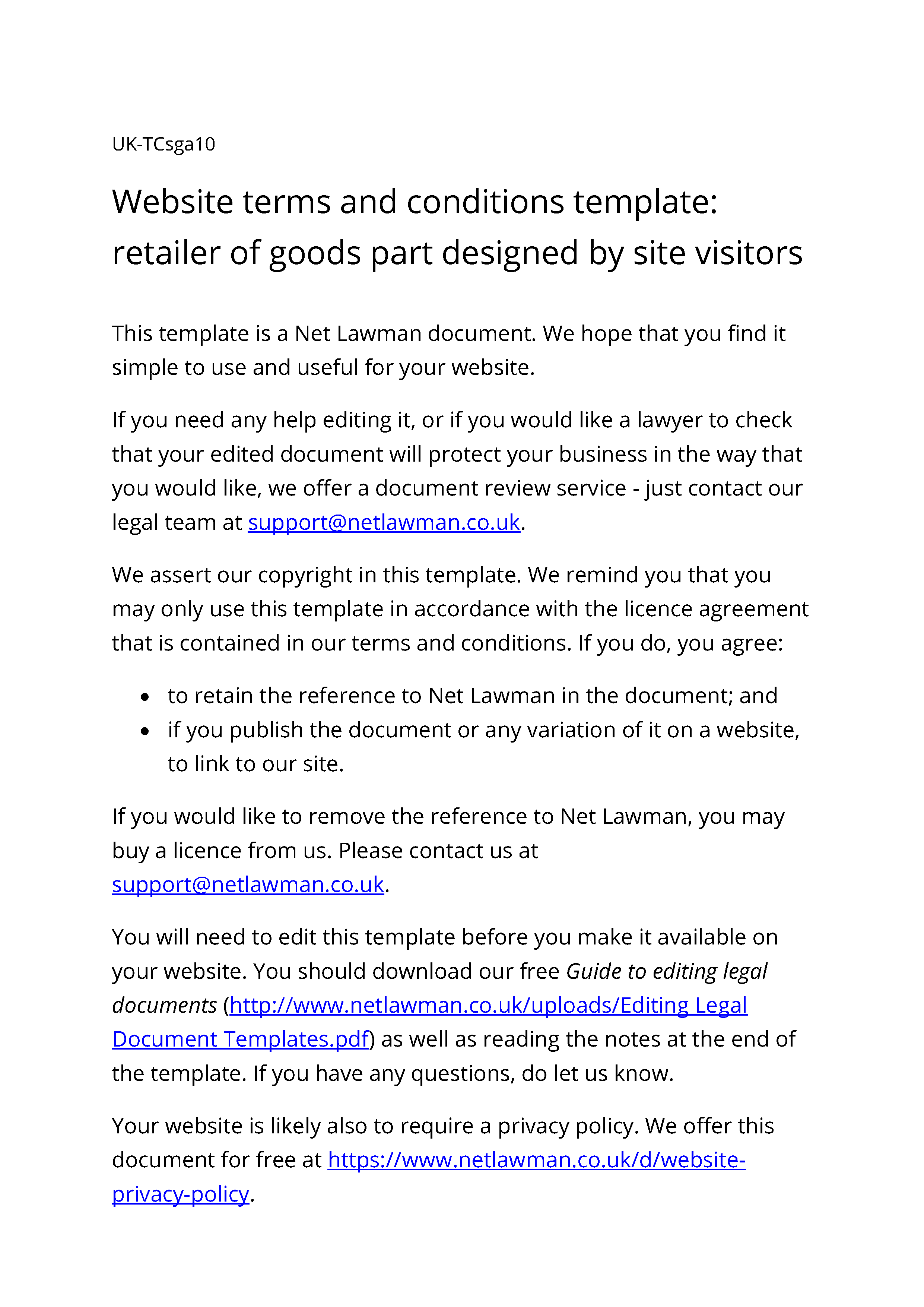 Sample page from the website terms for a custom design goods retailer