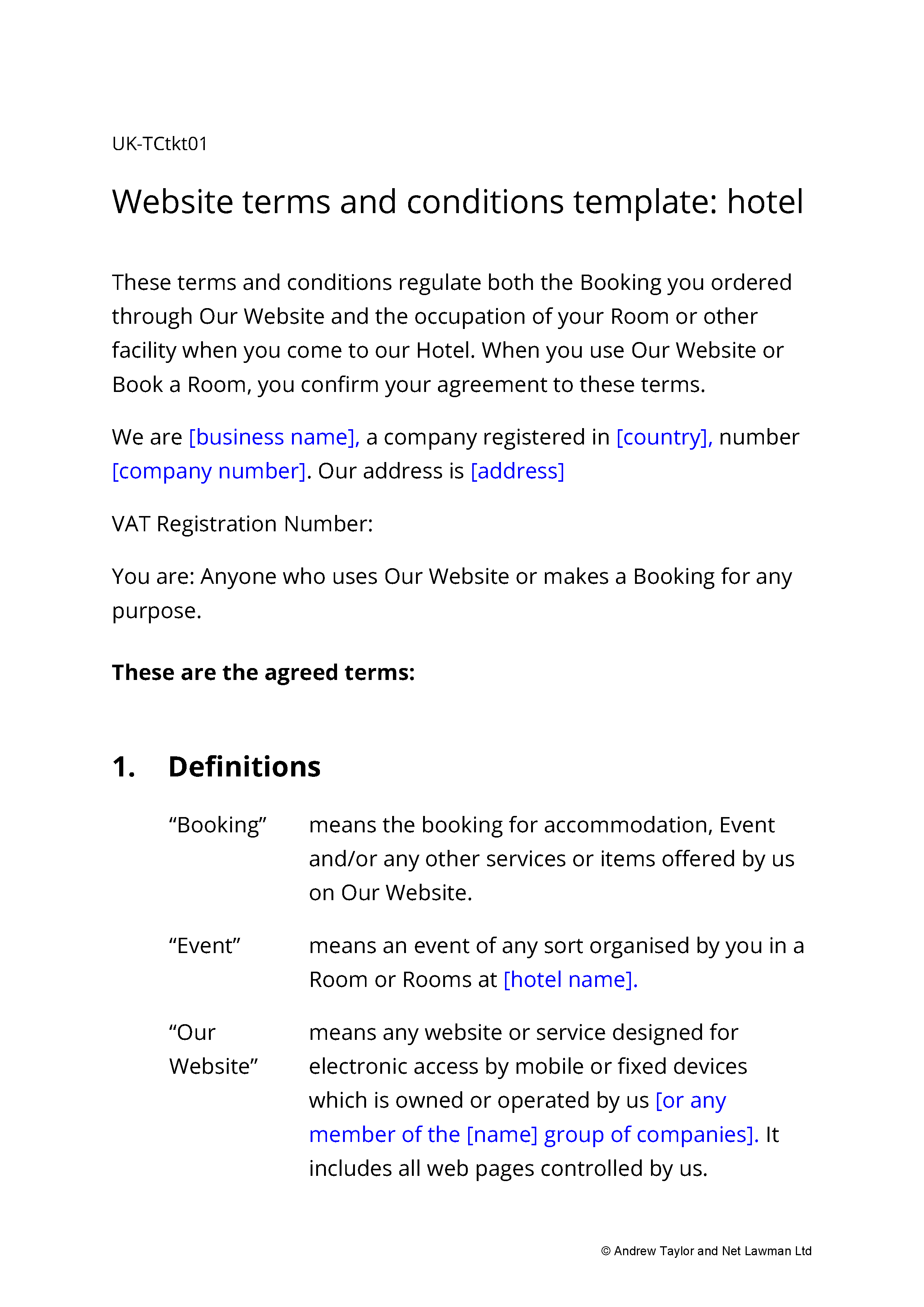 Sample page from the website terms for a hotel