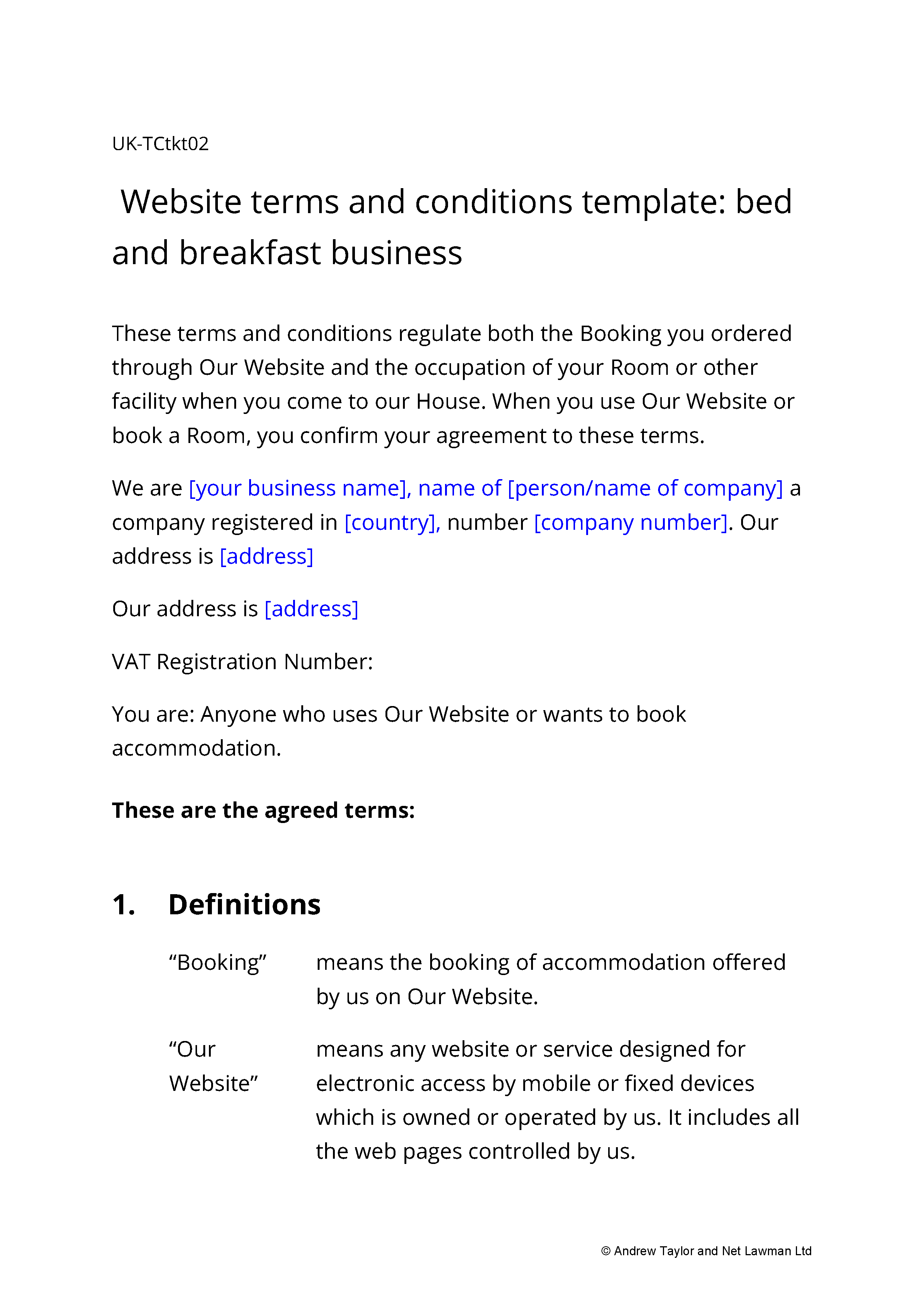 Sample page from the website terms for a B&B business