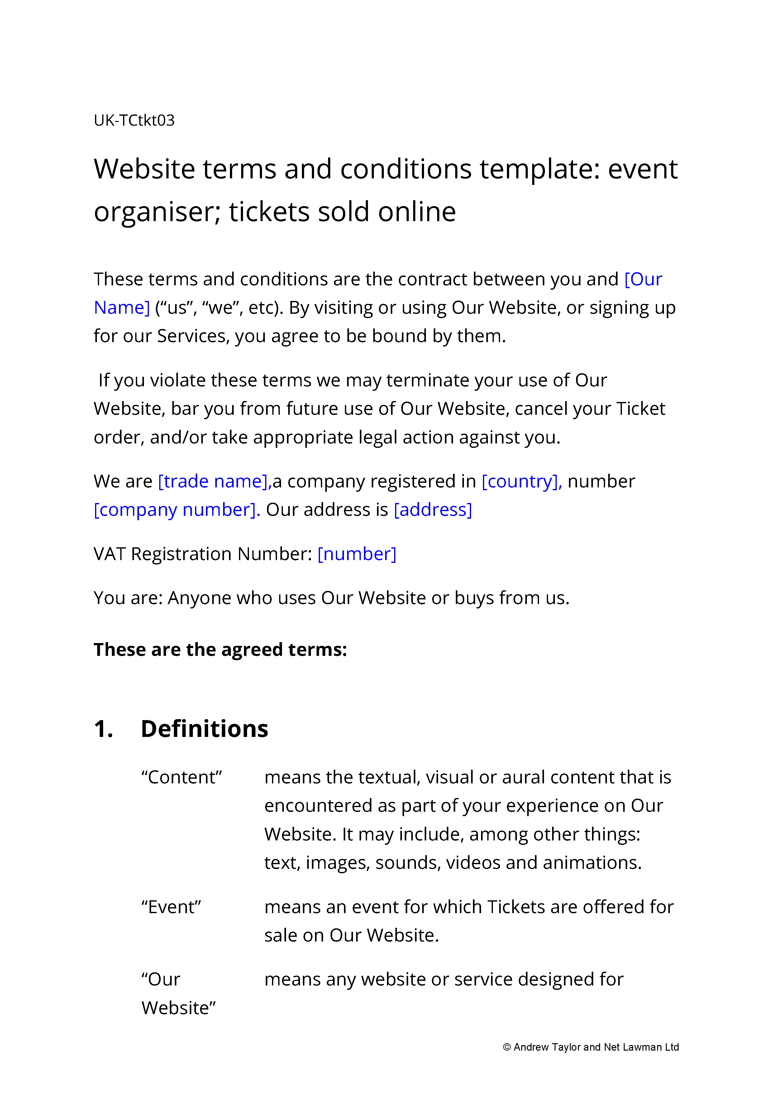 Sample page from the website terms for an event organiser