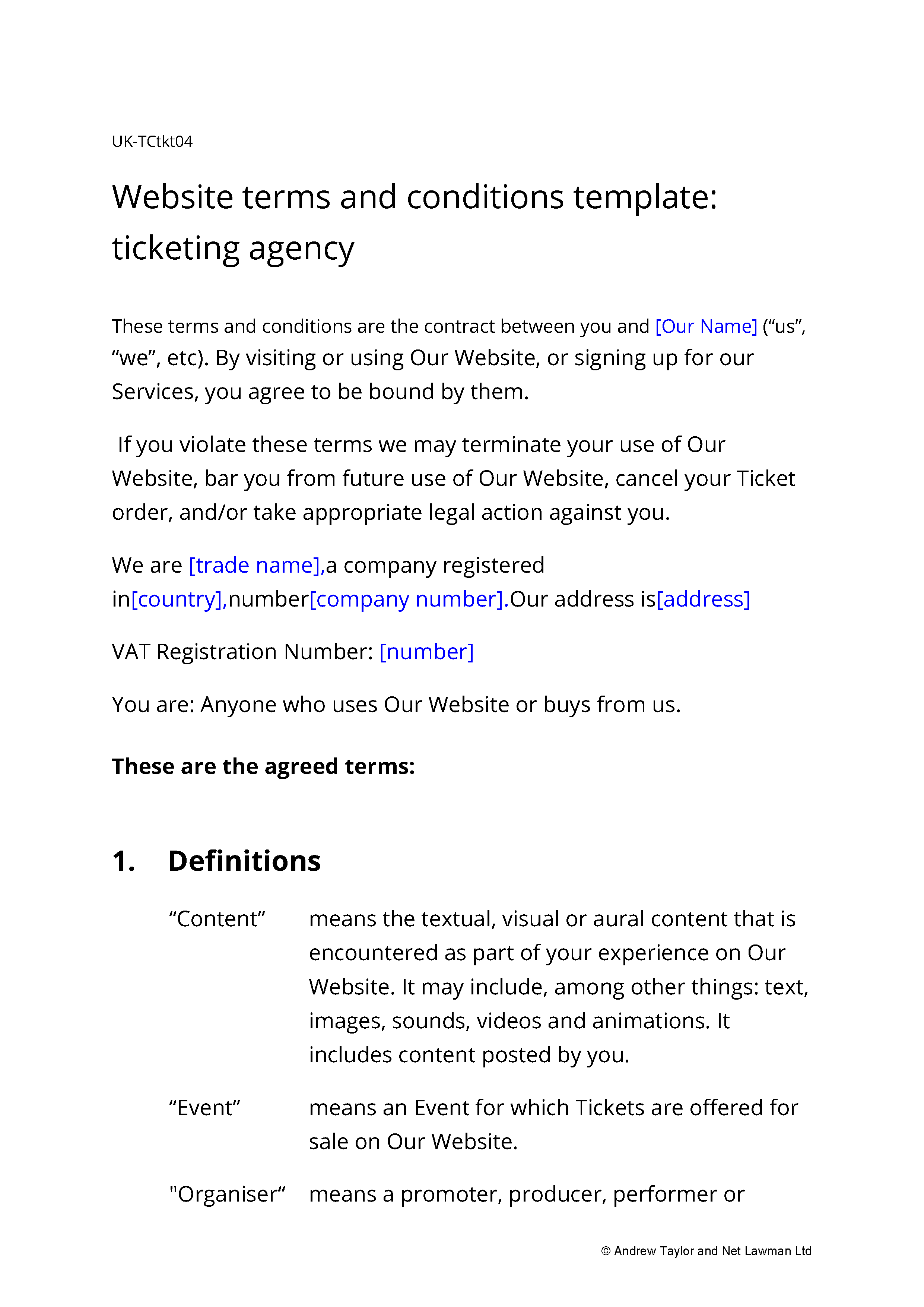 Sample page from the website terms for a ticketing agency