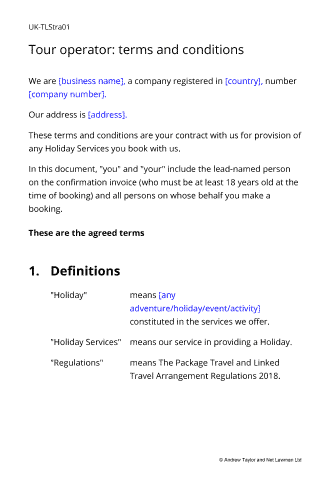 Sample page from the terms of business for a tour operator